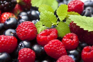 Lezzetli yiyeceklerin yakın görüntüsü, taze böğürtlen karışımı, yakın çekim.