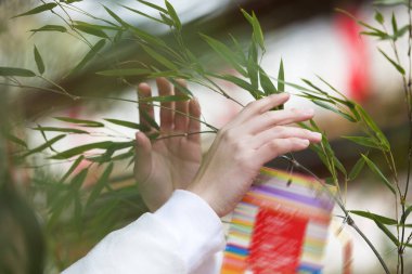 Geleneksel festivalin kutlanması katılımcıların renkli kumaşlar ve yeşillikler kullanarak ayinlere katılmaları
