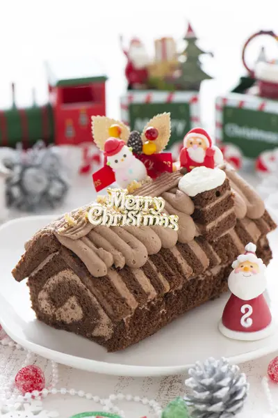 Vista Close Delicioso Bolo Chocolate Caseiro Com Decorações Natal — Fotografia de Stock