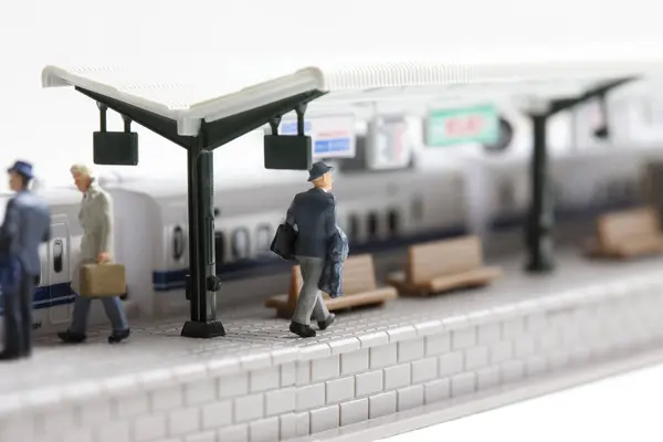 Miniature Figures Men Fast Train Railway Station — Stock Photo, Image