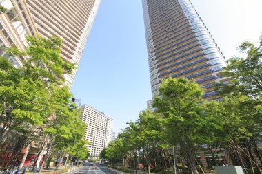Tokyo, Japonya 'da gökdelenler ve mavi gökyüzü.