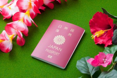 Yeşil arka planda Japon pasaportu ve kırmızı tropikal çiçekler