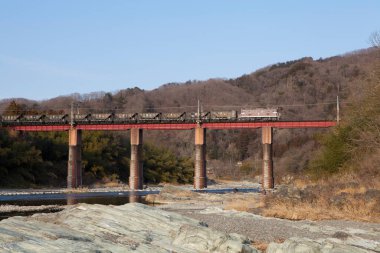 Yük treni kayalık nehir yatağının üzerindeki yüksek köprüden geçiyor.