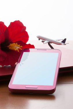 Kırmızı bir Hibiscus Çiçeği ve Oyuncak Uçak 'ın yanında Boş Ekran ile Pembe Akıllı Telefon