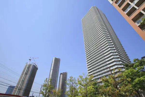 stock image low angle view of modern buildings and green trees in the city             