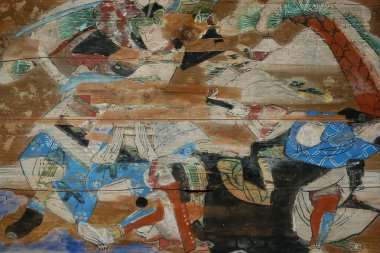 Yıpranmış Japon Ahşap Paneli Samuray Resimleri