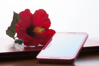 cep telefonu ve çiçek masada. 