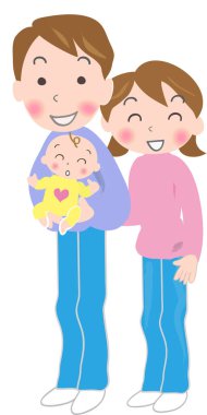 Gülümseyen ebeveynler bebeği bir arada tutuyor.