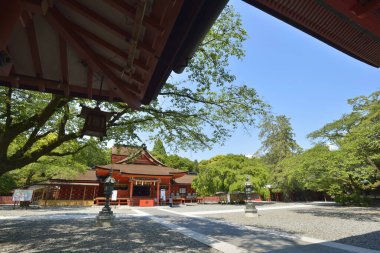 Kırmızı ahşap desenli güzel antik Japon tapınağı manzarası.