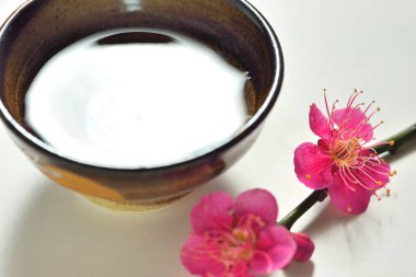 Kiraz çiçeğinin güzel çiçekleri ve beyaz arka planda su kasesi.. 