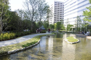 Gölet ve Modern Yüksek Binalı Şehir Su Bahçesi