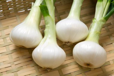 Dokuma sepetinde taze beyaz soğan
