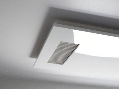 Beyaz dikdörtgen çerçeveli modern tavan menfezi.