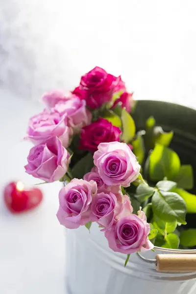 Ramo Hermosas Rosas Rosadas Rojas Primer Plano —  Fotos de Stock