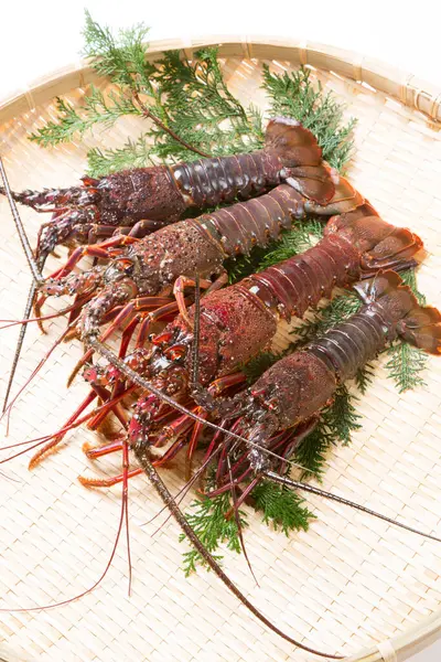 Close View Delicious Seafood Lobsters Cooking Wicker Bowl — Stock Photo, Image