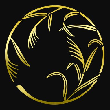 Altın çiçekli logo. Siyah arka planda bitkinin altın amblemi