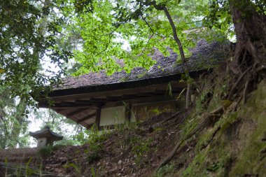 Japonya 'daki köyde ahşap çatılı eski bir ev. 