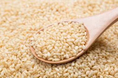 white sesame seeds and wooden spoon