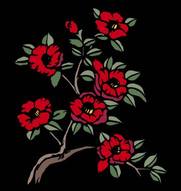 Siyah arkaplanda çiçekler ve yapraklar dizaynı, çiçek ve botanik süsü                               