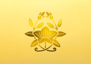 Sarı arka planda altın bitki logosu. Çiçek temalı rozet