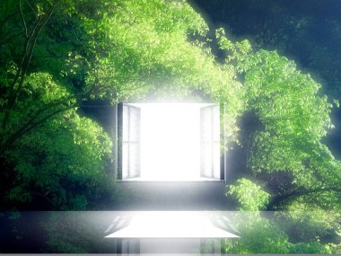 Ormanda yeşil yapraklar ve ışıkla dolu cennet penceresi. 