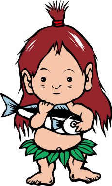 Çimen etek giyen ve elinde küçük balıklar tutan sevimli çizgi film çocuğu..