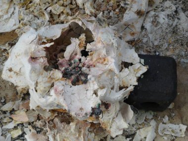 Yırtık beyaz izolasyon kalıntılarıyla kaplı yanmış siyah bir nesne.