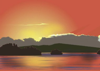 Siluetli adalar ve sıcak gökyüzü ile tropikal denizin üzerinde gün batımının canlı bir çizimi.