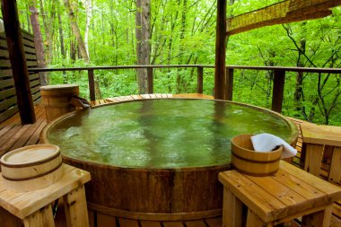 Sıcak Japon Onsen doğa arka planı üzerine