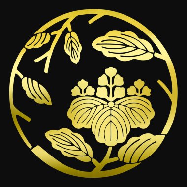 Altın çiçekli logo. Siyah arka planda bitkinin altın amblemi