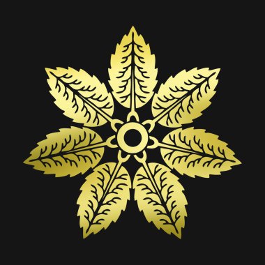 Altın çiçekli logo. Siyah arka planda bitkinin altın amblemi