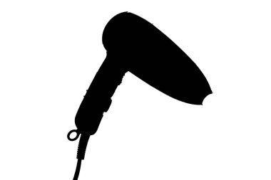 Bir minimalist siyah siluet saç kurutma makinesi veya üfleme aracı şeklini yakalar.