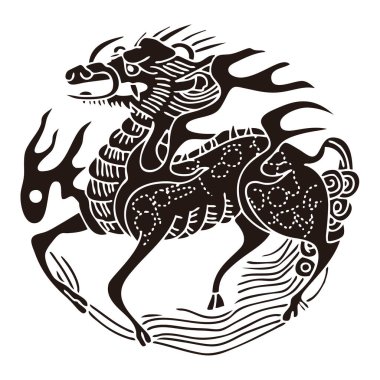 Yuvarlak bir ibiğe sarılmış alevler içinde mistik bir at kirini ya da pegasus 'un cesur monokrom grafiği.