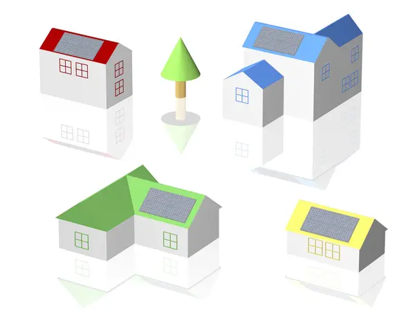 stock image set of 3 d houses models with solar panels isolated on white background                               