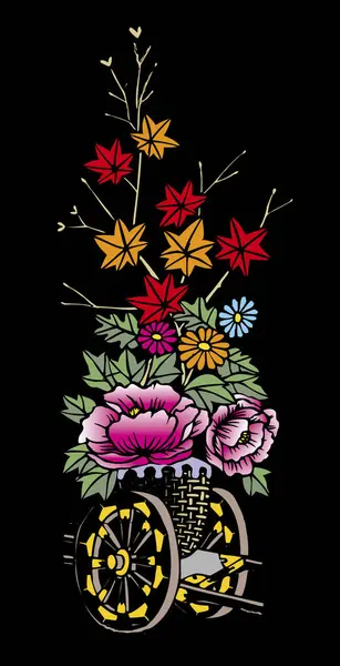 flowers and leaves design on black background, floral and botany ornament