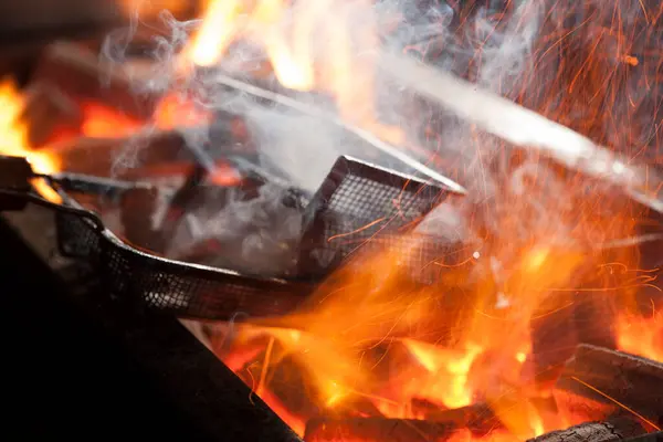 Grilling Meat Burning Coal Close View — Stock Photo, Image