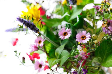 Renkli çiçeklerden oluşan güzel bir buket, yakın görüş.             