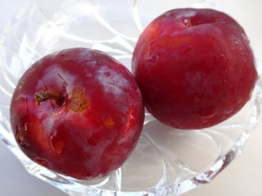 İki olgun kırmızı erik cam kasenin içinde dinleniyor.