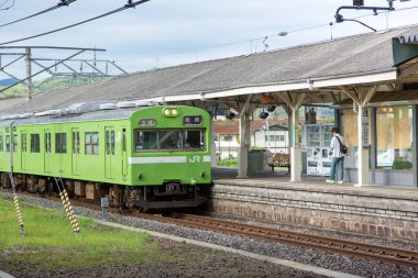 Japonya. Tren ve yolcularla dolu tren istasyonu.  