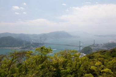Kanmon Köprüsü 'nün hava manzarası, Shimonoseki şehri, Yamaguchi, Japonya