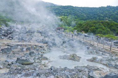 Buharlı yay ve detaylı manzaralı sahne jeotermal nokta