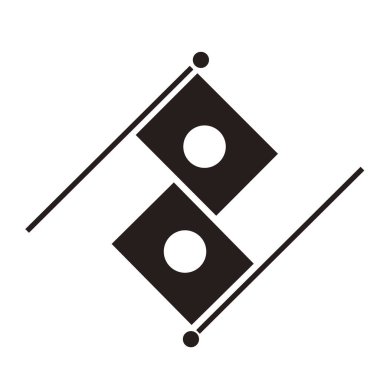 Two stylized black flags with white circles are arranged diagonally in a symmetrical pattern, a simple digital graphic.