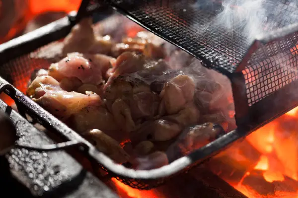 Fleisch Auf Brennender Kohle Grillen Nahsicht — Stockfoto