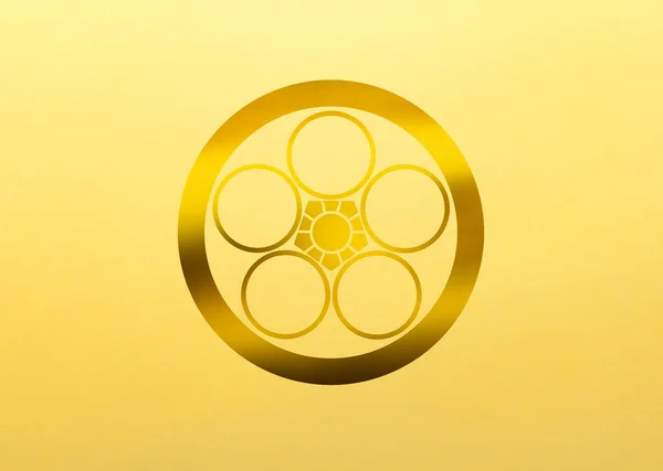 golden floral logo on yellow background