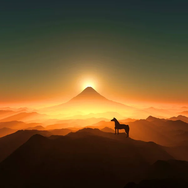 The sunrise and horse silhouette of Mt. Fuji