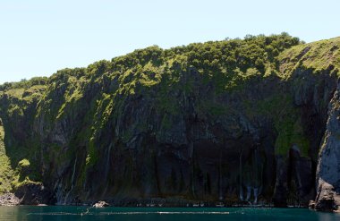 Denizin kıyısındaki kayalık adanın güzel manzarası 