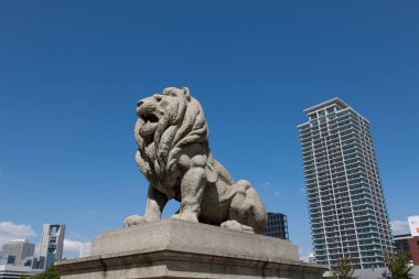Şehirdeki taş aslan heykeli manzarası