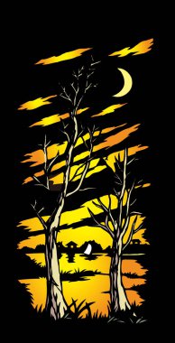 Çıplak ağaçların ve ev siluetinin şekillendirilmiş hali. Hilal şeklinde parlak turuncu günbatımına karşı..