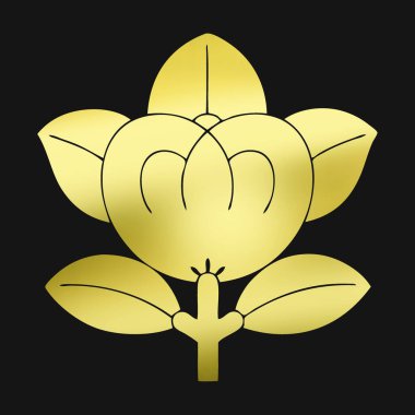 Altın çiçekli logo. Siyah arka planda bitkinin altın amblemi