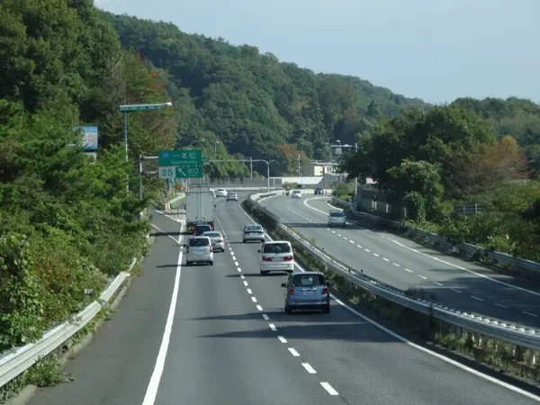 Çevrede yeşil ağaçlarla çevrili otoban boyunca giden arabalar